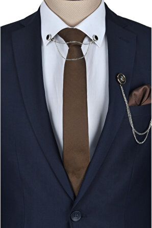 DeepSEA Erkek Koyu Lacivert Tek Düğme Slim Fit 2li Takım Elbise 2303103