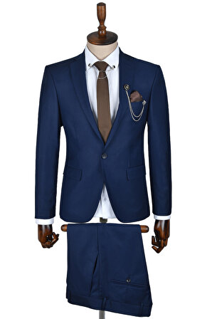 DeepSEA Erkek Lacivert Tek Düğme Slim Fit 2li Takım Elbise 2303103