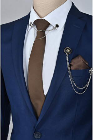 DeepSEA Erkek Lacivert Tek Düğme Slim Fit 2li Takım Elbise 2303103
