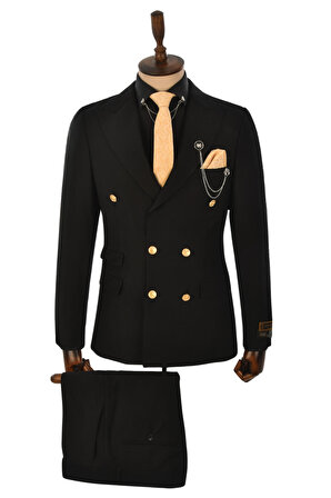 DeepSEA Erkek Siyah Metal Düğmeli Cep Detaylı Slim Fit Kruvaze 2li Takım Elbise 2300325