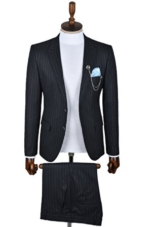 DeepSEA Erkek Lacivert Dar Kesim Çizgili Çift Düğme 2li Slim Fit Takım Elbise 2303543
