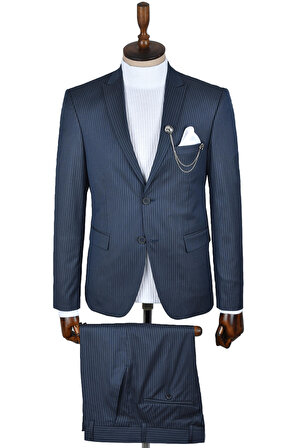 DeepSEA Erkek Mavi Çizgili Çift Düğme Çift Yırtmaç Slim Fit 2li Takım Elbise 2300314