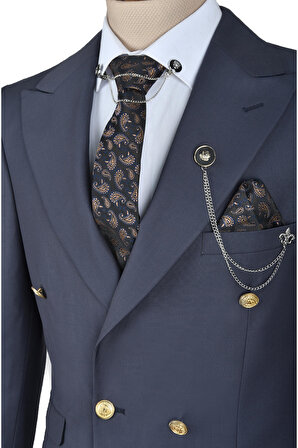 DeepSEA Erkek Koyu Gri Metal Düğmeli Cep Detaylı Slim Fit Kruvaze 2li Takım Elbise 2300325