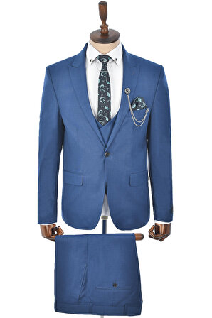 DeepSEA Erkek Mavi Tek Düğme Çift Yırtmaç Slim Fit 3lü Takım Elbise 2300530