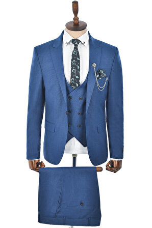 DeepSEA Erkek Mavi Tek Düğme Çift Yırtmaç Slim Fit 3lü Takım Elbise 2300530