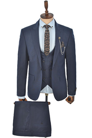 DeepSEA Erkek Lacivert Tek Düğme Çift Yırtmaç Slim Fit 3lü Takım Elbise 2300530