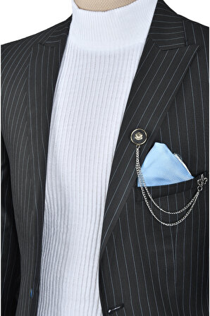 DeepSEA Erkek Siyah Çizgi Desenli Tek Düğme Tek Yırtmaç Slim Fit 2li Takım Elbise 2303049