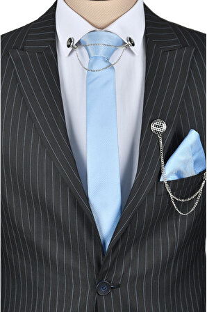 DeepSEA Erkek Siyah Çizgi Desenli Tek Düğme Tek Yırtmaç Slim Fit 2li Takım Elbise 2303049