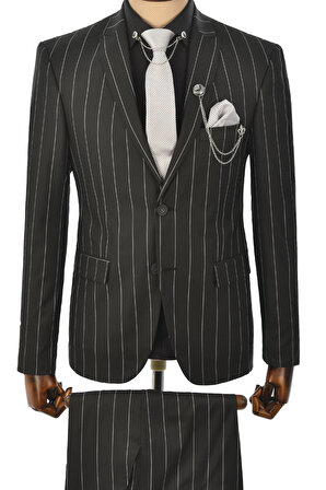 DeepSEA Siyah Çift Düğme Çift Yırtmaç Çizgi Desenli 2'li Takım Elbise 2303029