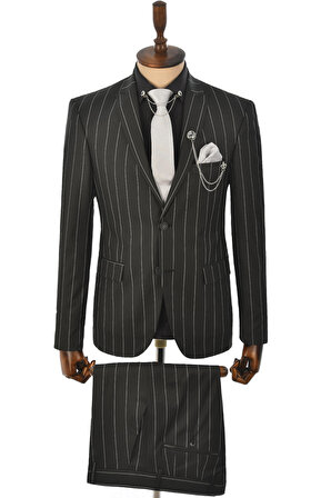 DeepSEA Siyah Çift Düğme Çift Yırtmaç Çizgi Desenli 2'li Takım Elbise 2303029