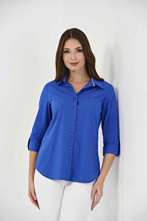 Tolga Saraçoğlu Kadın Şerit Detaylı Spor Gömlek 10646 Mavi