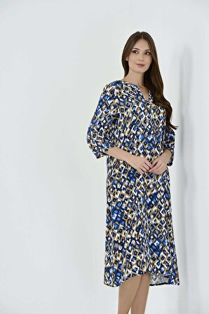 Tolga Saraçoğlu Kadın Sıfır Yaka Rahat Kesim Desenli Elbise 40260 Mavi