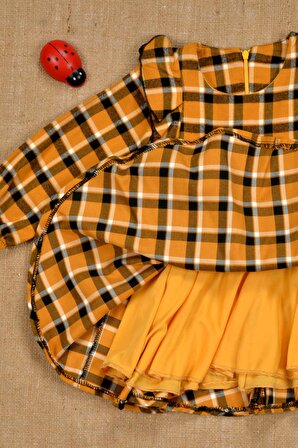 Astarlı, Kemerli, Ekoseli, Anahtarlık Detaylı Şık Flannel Elbise 2-5 Yaş