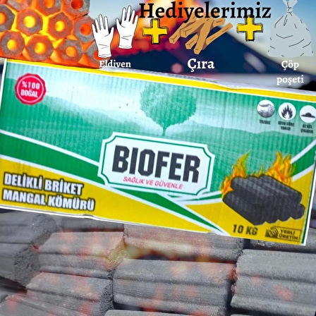 BİOFER Organik Delikli Briket Mangal Kömürü 10kg (6 Saat 7800 Kcal/kg)