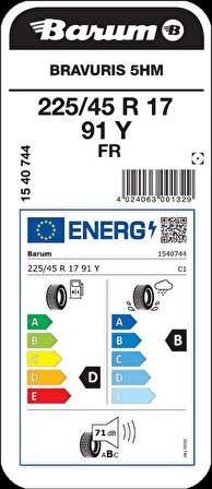 Barum 225/45 R17 91Y FR BRAVURIS 5HM Oto Yaz Lastiği Üretim 2022