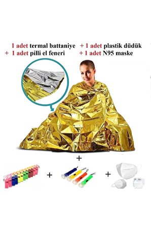 Acil Durum Kiti 4 ' ü 1 Arada Sarı Termal Battaniye + Plastik Düdük + El Feneri Pilli + N95 Maske