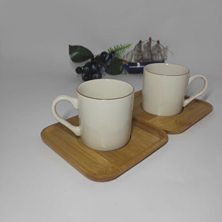 Porselen Bambu Tabaklı İkili Yaldızlı Kahve Fincan Seti Hediyelik 2 kişilik Yaldızlı Fincan Takımı
