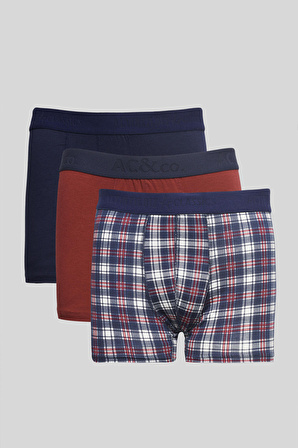 Erkek Lacivert-bordo 3'lü Pamuklu Esnek Boxer Paketi