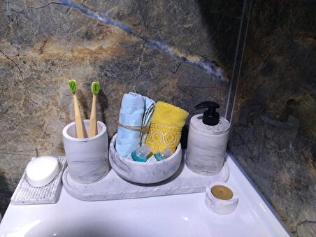 Marble Serisi 6'lı Banyo Seti Tuvalet Wc Sıvı Sabunluk Diş Fırçalığı Beton Aksesuar Takımı