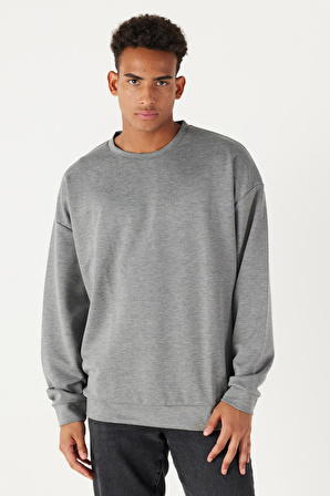 Erkek Gri Melanj Oversize Bol Kesim Bisiklet Yaka Düz Sweatshirt