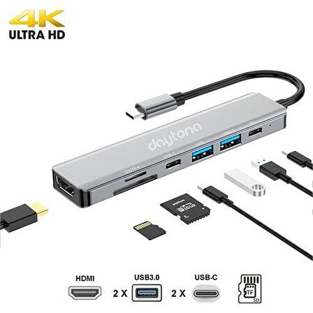 Daytona CF08 Macbook Uyumlu Type-C To 4K 1080P Ultra Hd HDMI Type-C Pd Şarj 2* USB 3.0 Sd Tf Kart Okuyucu Kablolu 7ın1 Çevirici Hub Adaptör
