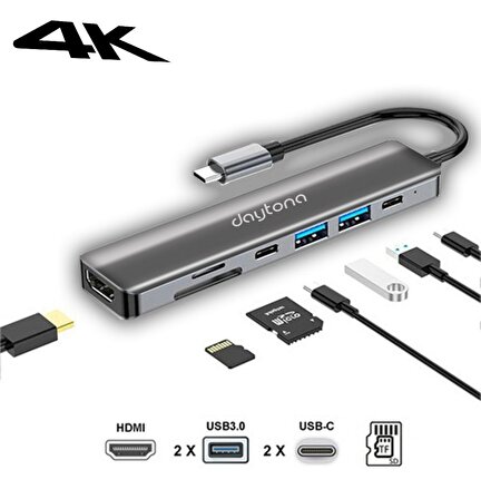 Daytona CF08 Macbook Uyumlu Type-C To 4K 1080P Ultra Hd HDMI Type-C Pd Şarj 2* USB 3.0 Sd Tf Kart Okuyucu Kablolu 7ın1 Çevirici Hub Adaptör