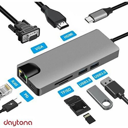 Daytona FC09 Macbook Uyumlu Type-C To 4K 1080P Hd HDMI 1000 Mbps Gigabit Ethernet RJ45 Pd Sd Kart 2* USB 3.0 VGA 8ın1 Çevirici Hub Adaptör