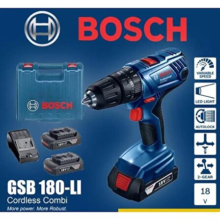 Bosch Professional GSB 180-LI 18 Volt 2.0 Ah Çift Akülü Darbeli Delme/Vidalama