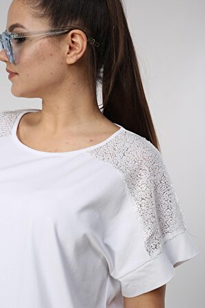 neslice Kadın Oversize Omuz Transparan Payetli Bacıc T-shirt M-BEYAZ