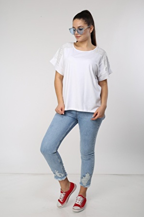 neslice Kadın Oversize Omuz Transparan Payetli Bacıc T-shirt M-BEYAZ