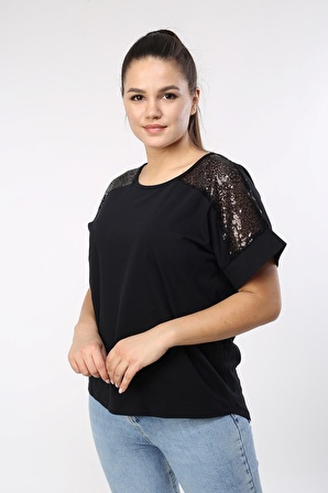 neslice Kadın Oversize Omuz Transparan Payetli Bacıc T-shirt L-SİYAH