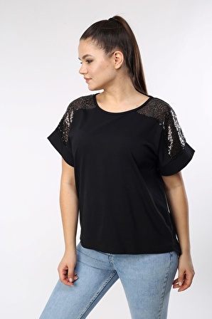 neslice Kadın Oversize Omuz Transparan Payetli Bacıc T-shirt L-SİYAH