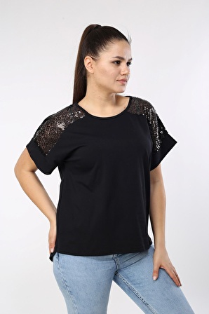 neslice Kadın Oversize Omuz Transparan Payetli Bacıc T-shirt L-SİYAH