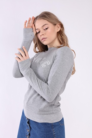 neslice Kadın Reglan Kol Basic Yaka Sweatshirt L-GRİMELANJ