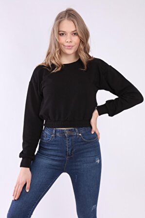neslice Kadın Crop Basic Sweatshirt S-SİYAH