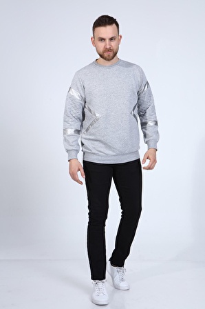 neslice Erkek Deri ve Kapitone Detaylı Slim Fit Sweatshirt XL-GRİ