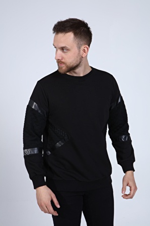 neslice Erkek Deri ve Kapitone Detaylı Slim Fit Sweatshirt XL-SİYAH