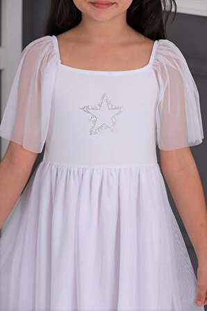 neslice Kız Çocuk Yıldız Taş Detaylı Tüllü Elbise BEYAZ-5-6 Yaş