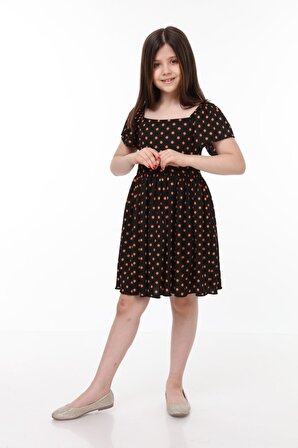neslice Kız Çocuk Siyah Puantiyeli Elbise TURUNCU PUANTİYELİ-9-10 Yaş
