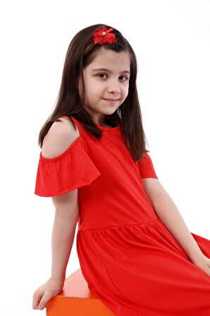 neslice Kız Çocuk Kırmızı Omuzları Açık Elbise KIRMIZI-3-4 Yaş