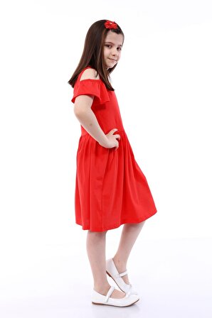 neslice Kız Çocuk Kırmızı Omuzları Açık Elbise KIRMIZI-3-4 Yaş