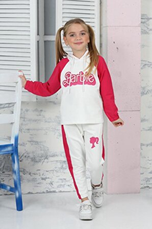 Kız çocuk barbie baskılı kapşonlu yüzde 100 pamuk eşofman takımı minah-06030002