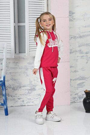 Kız çocuk barbie baskılı kapşonlu yüzde 100 pamuk eşofman takımı minah-06030002