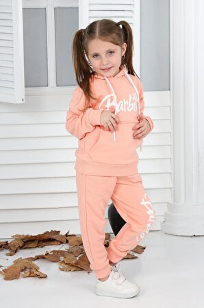Kız çocuk kışlık kapşonlu barbie baskılı eşofman takımı minah-06030003