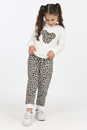 Kız çocuk eşofman takımı yüzde 100 pamuk leopar desenli minah-06030009