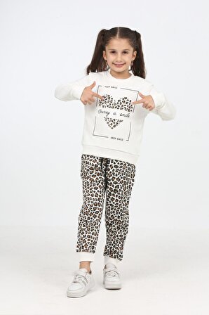 Kız çocuk eşofman takımı yüzde 100 pamuk leopar desenli - kalpli minah-06030010