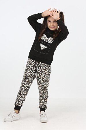 Kız çocuk eşofman takımı yüzde 100 pamuk leopar desenli - kalpli minah-06030010