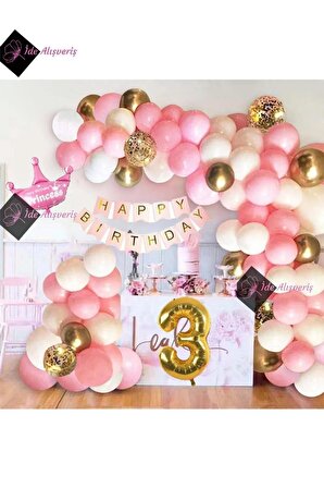 Kızlar Için Pembe Kraliçe Taçlı Lüks 3 Yaş Doğum Günü Parti Süsü Iyiki Doğdun