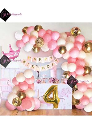 Kızlar Için Pembe Kraliçe Taçlı Lüks 4 Yaş Doğum Günü Parti Süsü Iyiki Doğdun