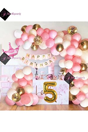 Kızlar Için Pembe Kraliçe Taçlı Lüks 5 Yaş Doğum Günü Parti Süsü Iyiki Doğdun